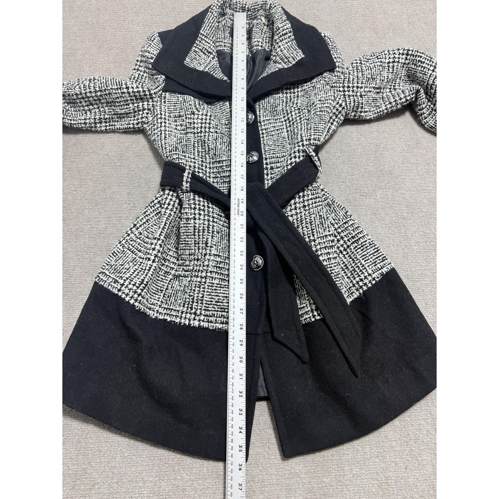 Black Rivet‎ Coat Womens Medium Black White Wool Blend Belted Peacoat Plaid - Picture 4 of 9
